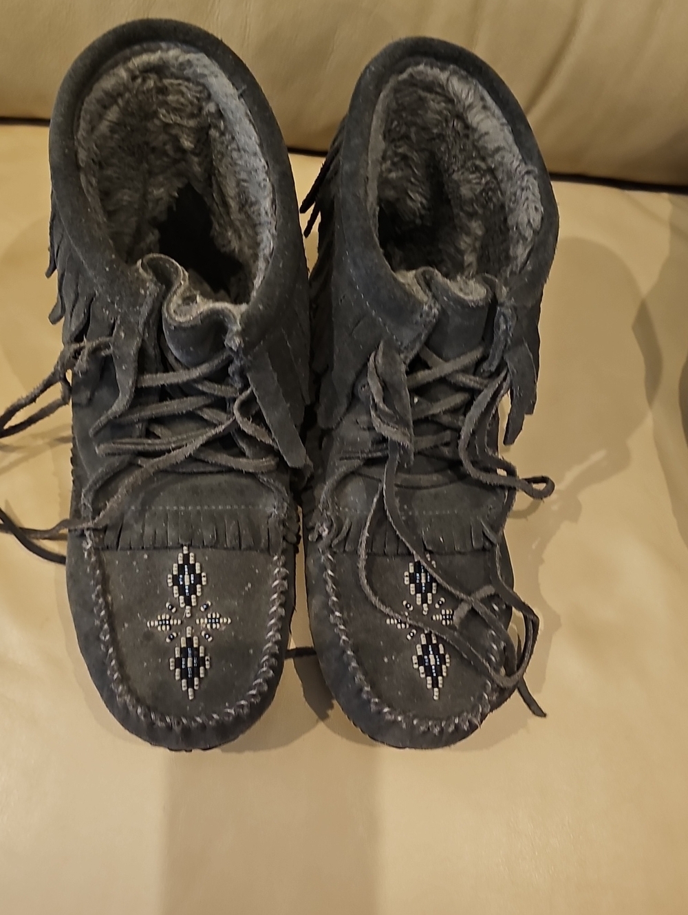 Womans Black Suede Moccasin Boots with Bead Detail